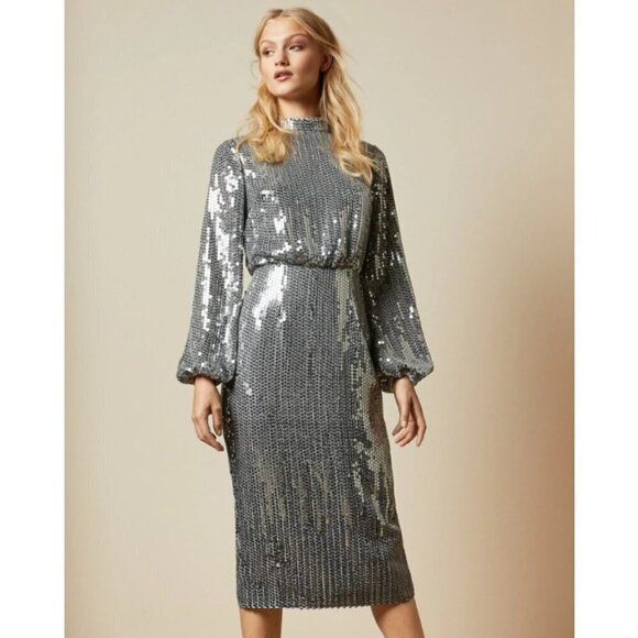 💕TED BAKER LONDON💕 Ophilla Long Sleeve Sequin Mini Dress Gunmetal 6 NWT - Picture 5 of 16